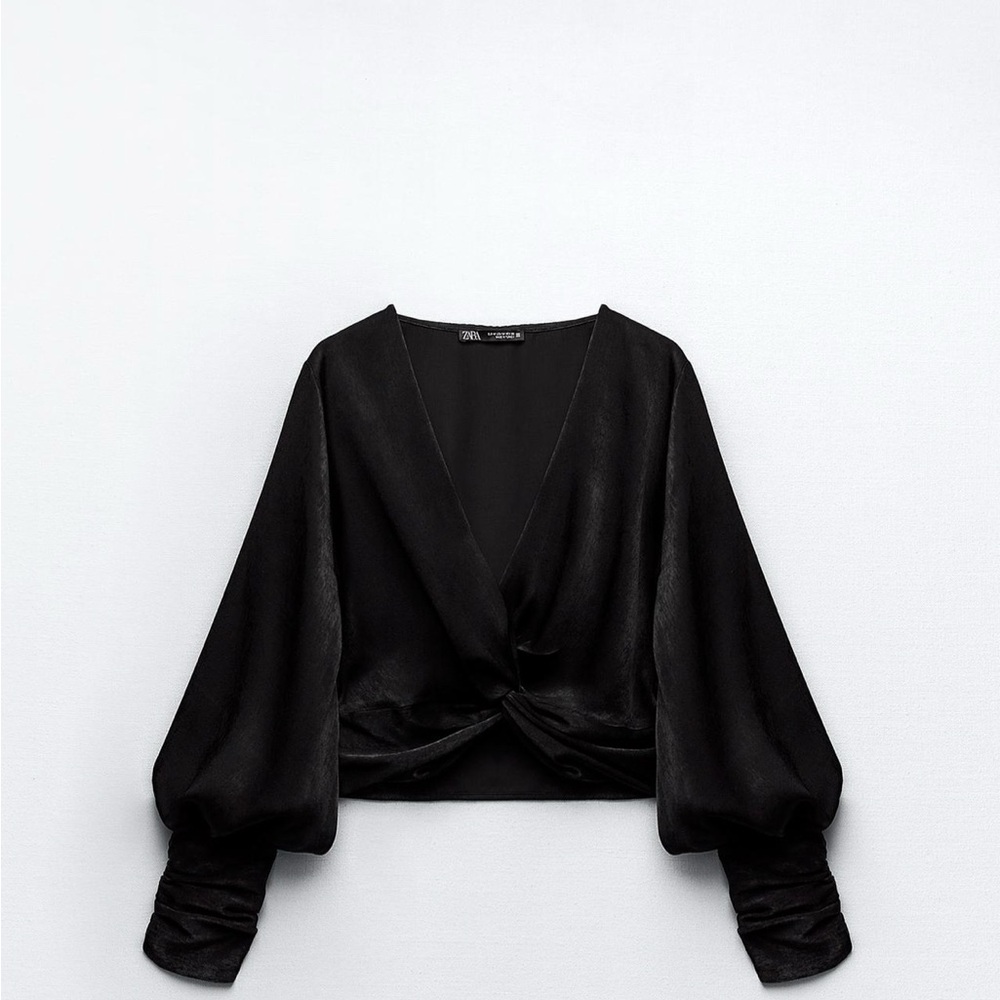 Zara black satin crop top with knotted front detail.